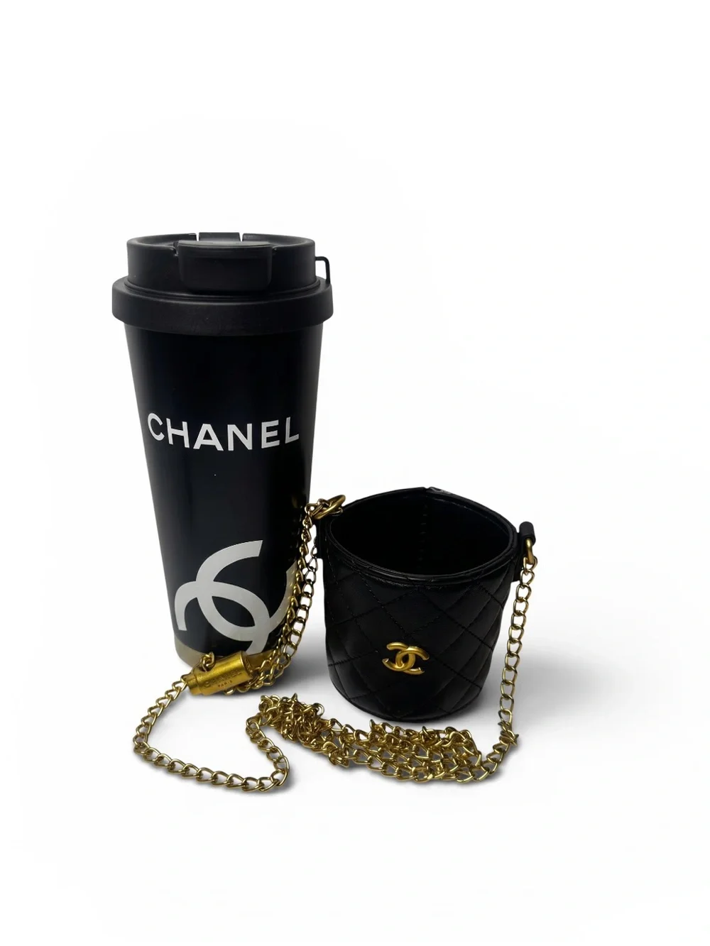 Chanel Black Quilted Mini Bucket Crossbody with Gold Chain cup and pouch gwp